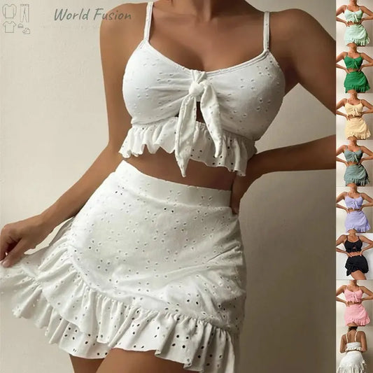 Fashionable 3-Piece Bikini Set with Skirt