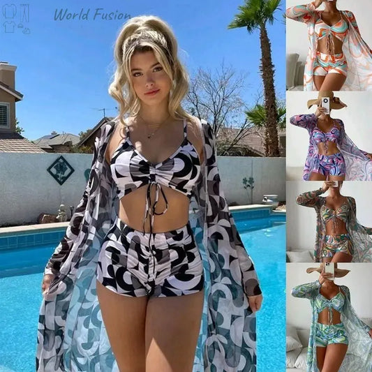 3-Piece Printed Bikini with Long Cardigan