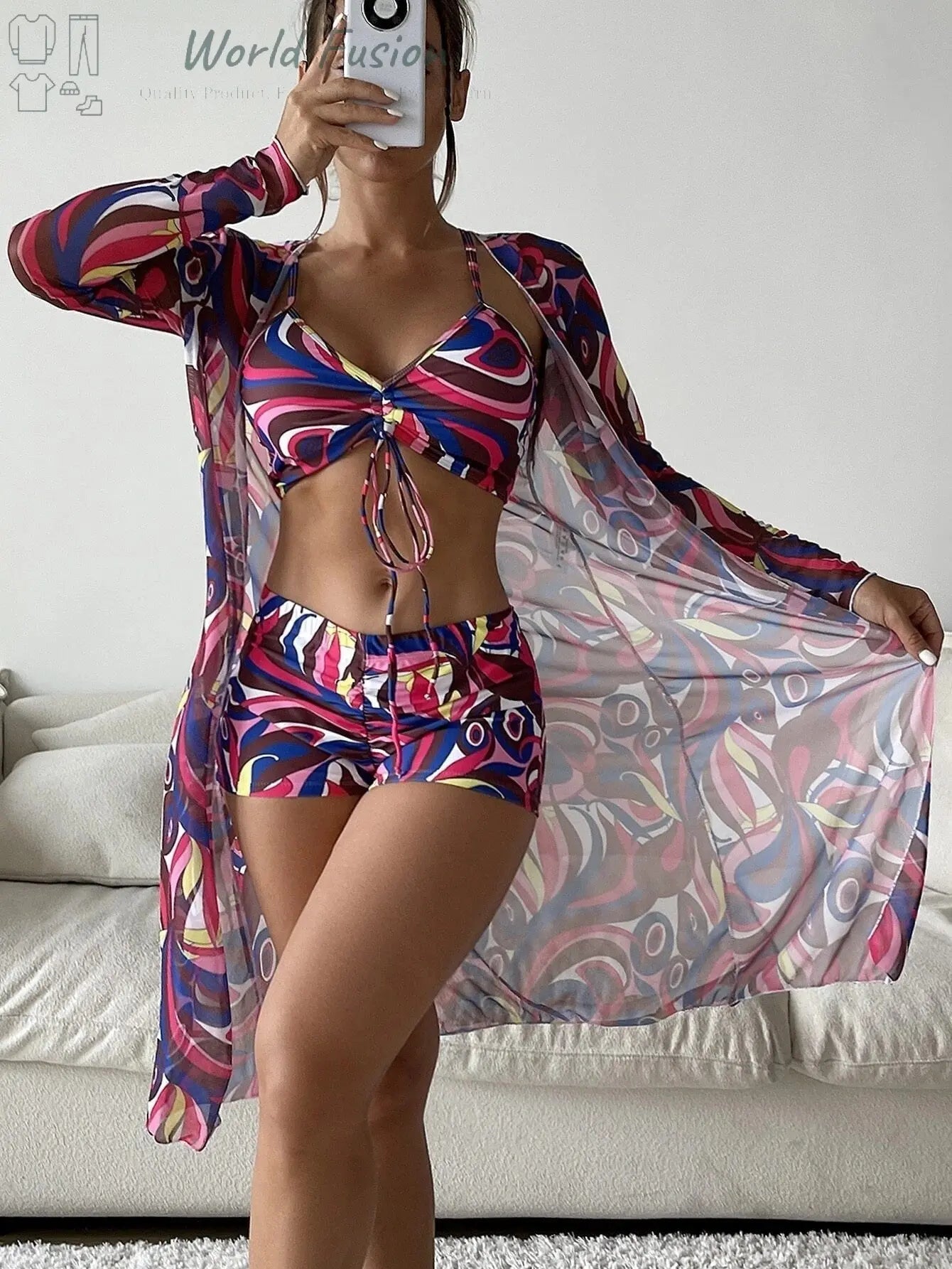 3pcs Pring Bikini With Long Sleeve Cardigan Fashion Summer Beach Swimsuit Women - World Fusion