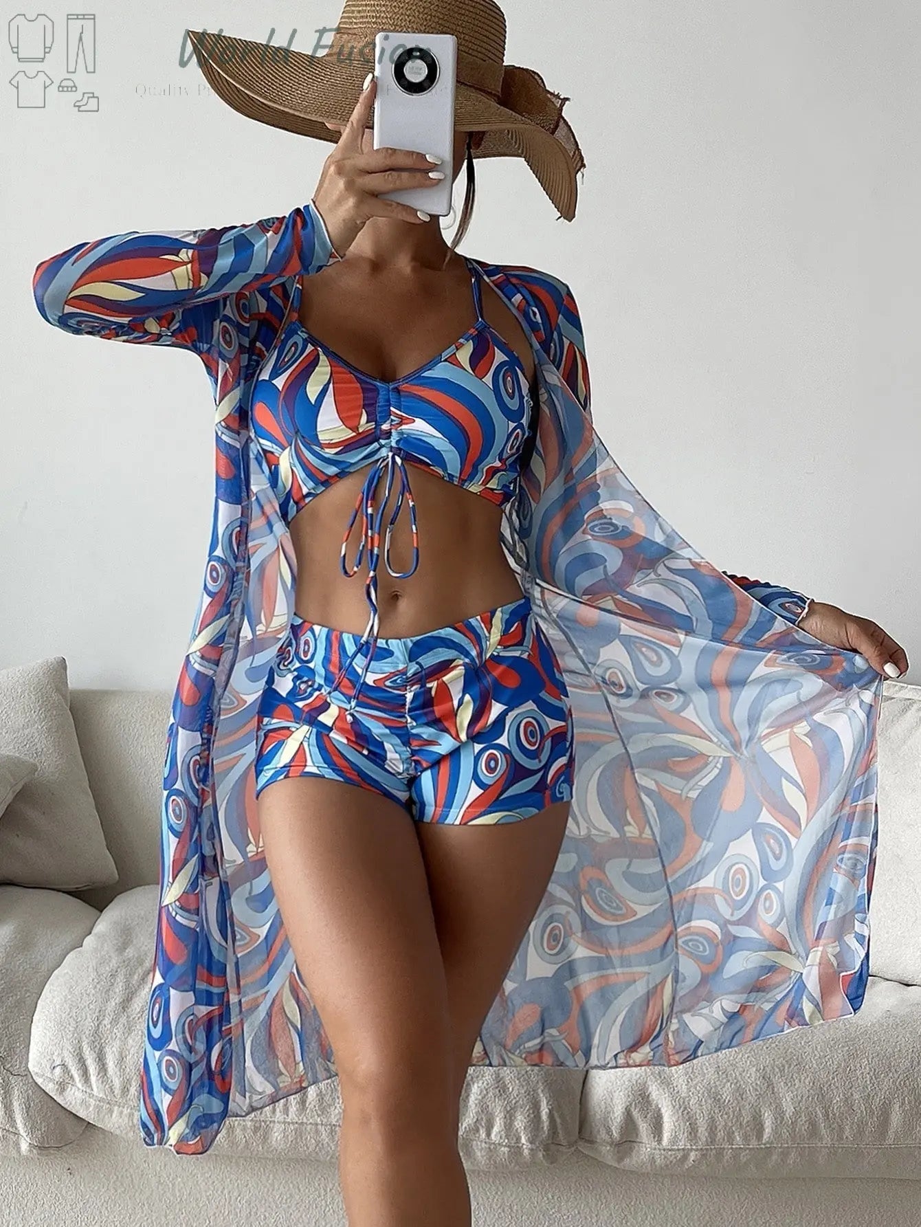 3pcs Pring Bikini With Long Sleeve Cardigan Fashion Summer Beach Swimsuit Women - World Fusion