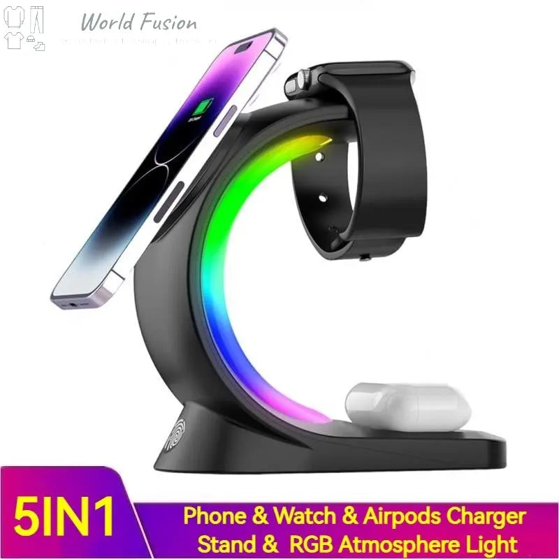 4 In 1 Magnetic Wireless Charger Fast Charging For Smart Phone Atmosphere Light Charging Station For Airpods Pro I-phone Watch - World Fusion