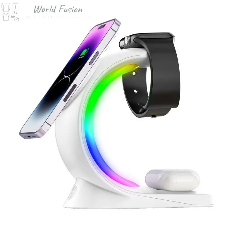 4 In 1 Magnetic Wireless Charger Fast Charging For Smart Phone Atmosphere Light Charging Station For Airpods Pro I-phone Watch - World Fusion