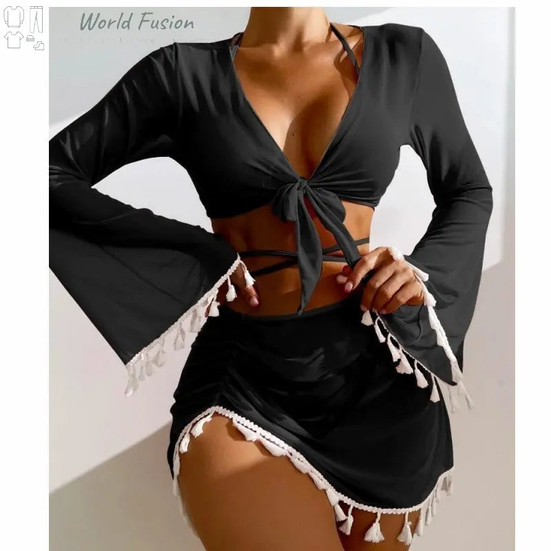 4pcs Solid Color Bikini With Short Skirt And Long Sleeve Cover-up Fashion Bow Tie Fringed Swimsuit Set Summer Beach Womens Clothing - World Fusion