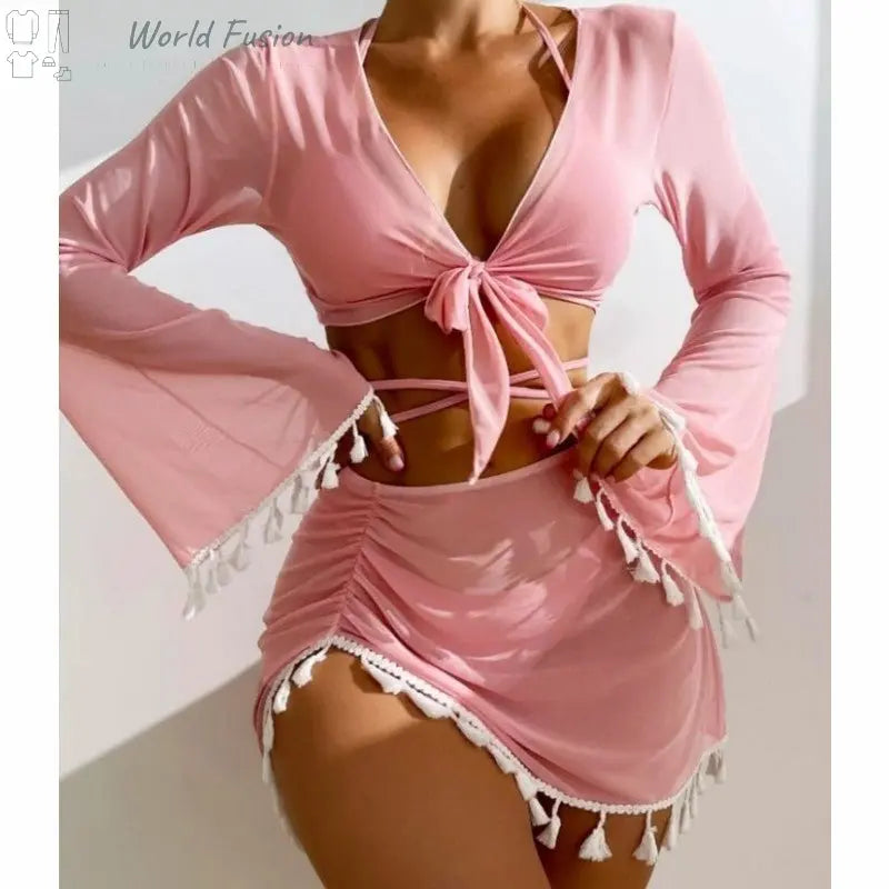 4pcs Solid Color Bikini With Short Skirt And Long Sleeve Cover-up Fashion Bow Tie Fringed Swimsuit Set Summer Beach Womens Clothing - World Fusion