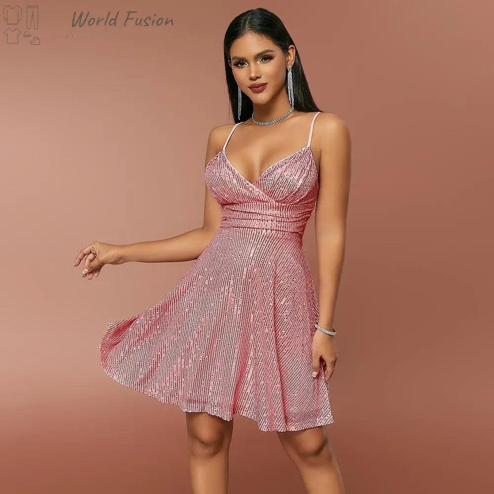 Autumn And Winter New Women's Sexy Gorgeous Sequined Dress Pleated Cross Strap Vacation Style Dress - World Fusion