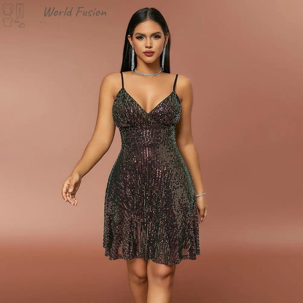 Autumn And Winter New Women's Sexy Gorgeous Sequined Dress Pleated Cross Strap Vacation Style Dress - World Fusion