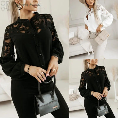 Autumn And Winter New Women's Solid Color Lace Stitching Shirt - World Fusion