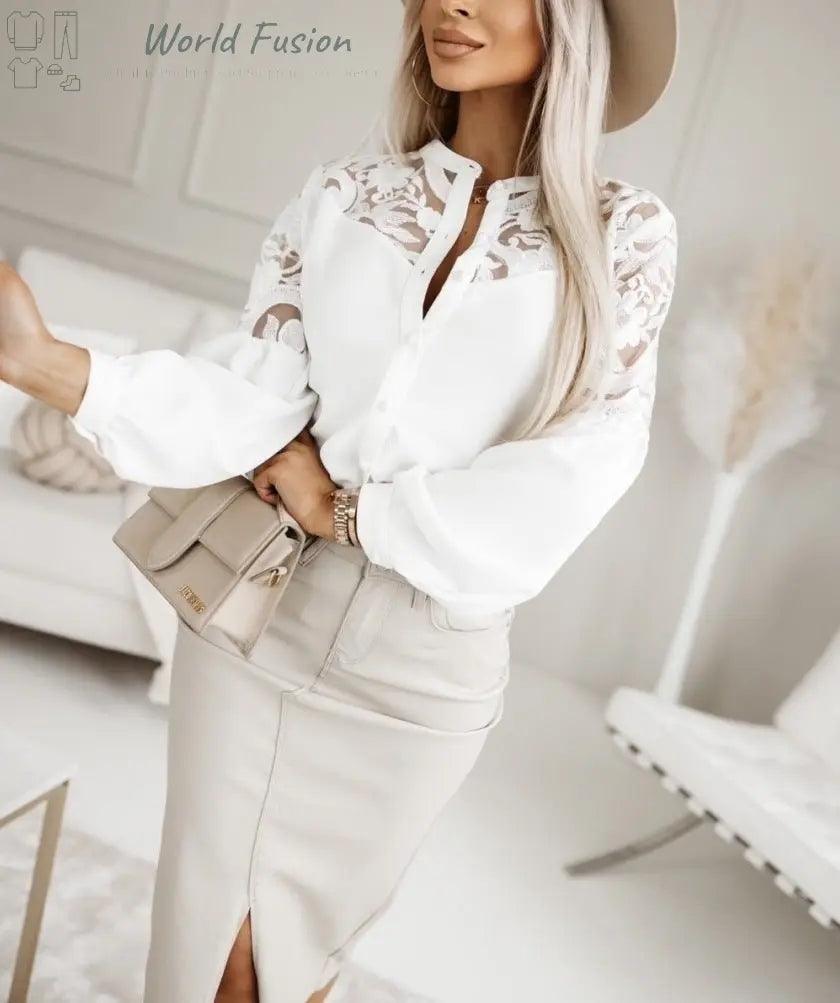 Autumn And Winter New Women's Solid Color Lace Stitching Shirt - World Fusion