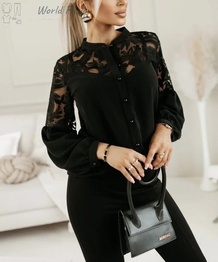 Autumn And Winter New Women's Solid Color Lace Stitching Shirt - World Fusion