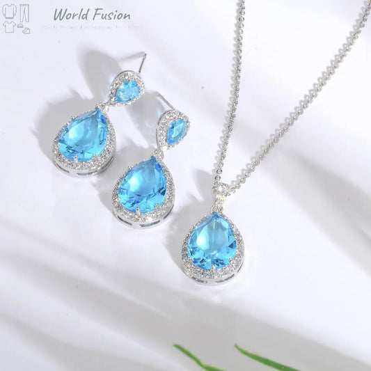 Bright Big Zircon Water Drops Necklace Eardrops Suit Bride Wedding Jewelry Simple Graceful - World Fusion