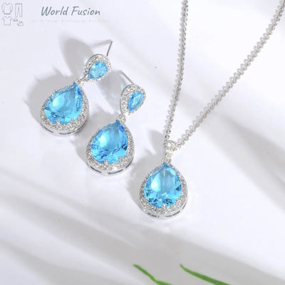 Bright Big Zircon Water Drops Necklace Eardrops Suit Bride Wedding Jewelry Simple Graceful - World Fusion