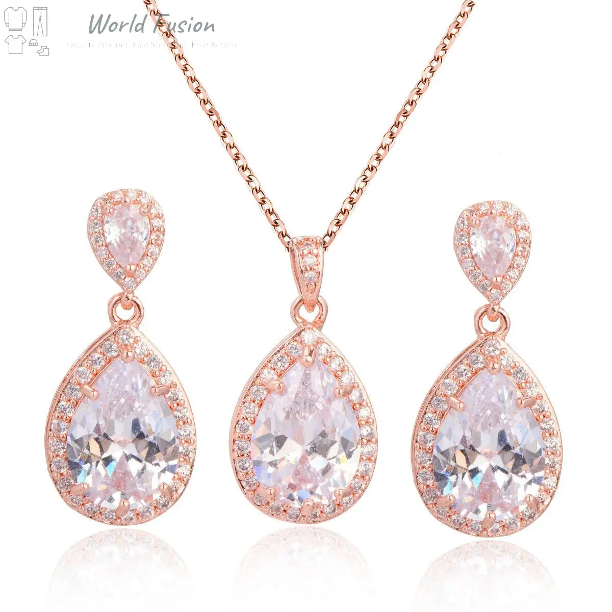 Bright Big Zircon Water Drops Necklace Eardrops Suit Bride Wedding Jewelry Simple Graceful - World Fusion