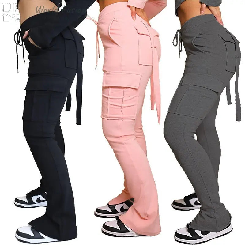 Cargo Pants With Pockets High Waist Drawstring Wide Leg Straight Trousers For Women Overalls - World Fusion