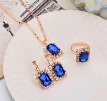 Europe And The United States Personalized Water Drop Color Diamond Necklace, Earrings, Rings Set, Shiny High-end Bridal Jewelry Wholesale - World Fusion
