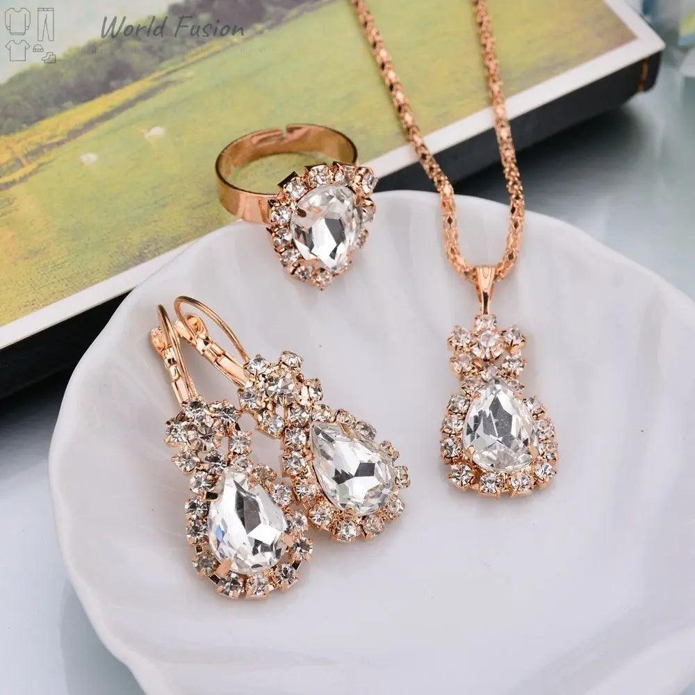 Europe And The United States Personalized Water Drop Color Diamond Necklace, Earrings, Rings Set, Shiny High-end Bridal Jewelry Wholesale - World Fusion