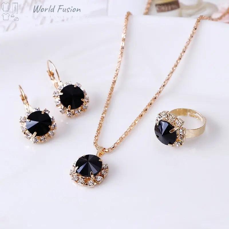 Europe and America fashion round crystal necklace earrings ring set hot jewelry jewelry wholesale jewelry wholesale - World Fusion