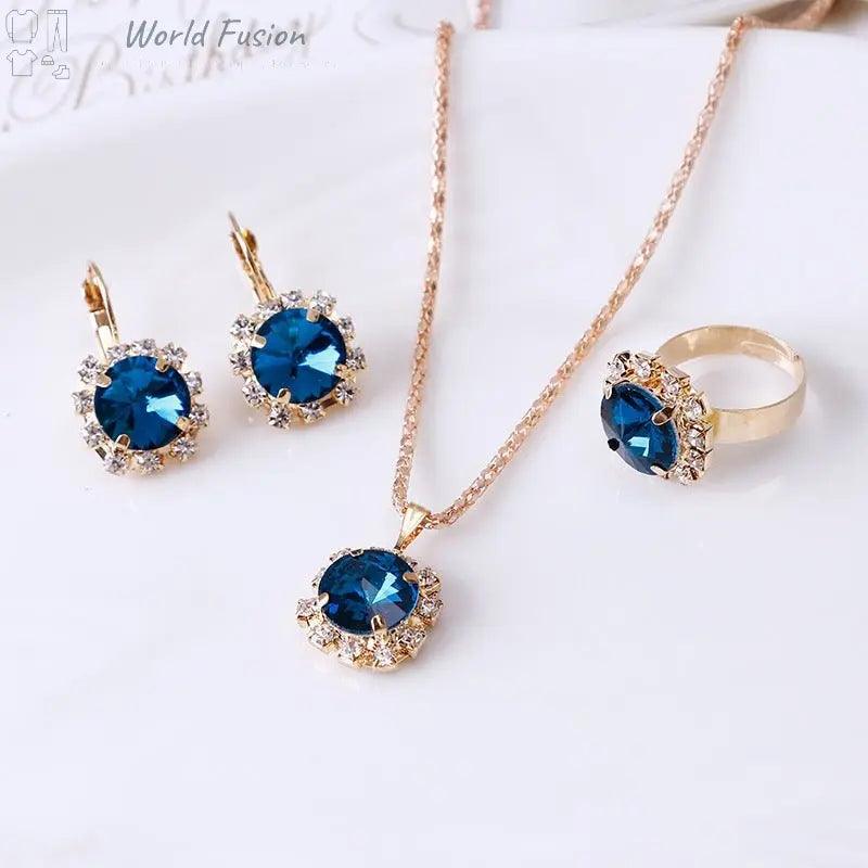 Europe and America fashion round crystal necklace earrings ring set hot jewelry jewelry wholesale jewelry wholesale - World Fusion
