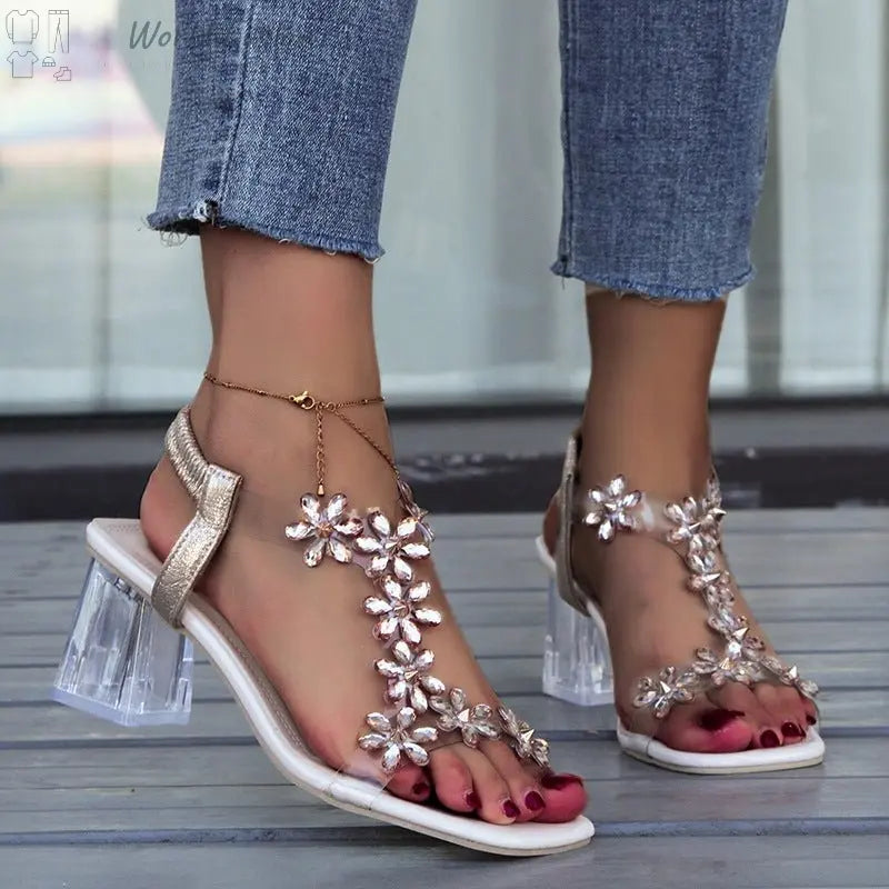Fashion Flowers Sandals With Transparent High Square Heels Summer Square Toe Shoes For Women - World Fusion