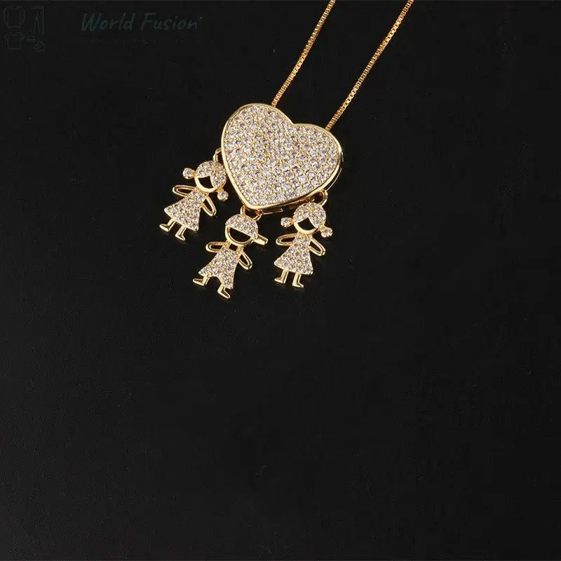 Fashion Jewelry Son Daughter Heart Gold Color Cubic Zirconia Family Girl Boy Pendant Necklace Chain Jewelry For Mother Gift - World Fusion
