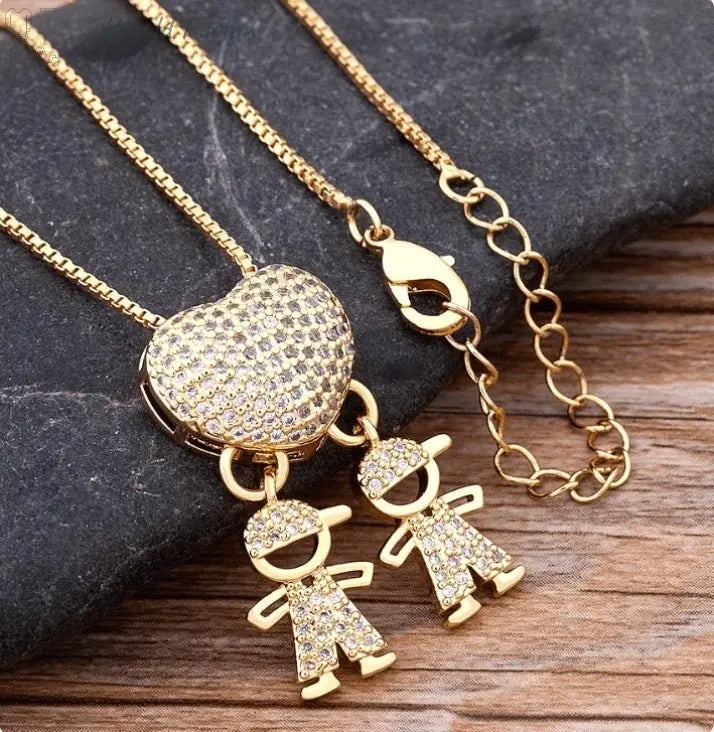 Fashion Jewelry Son Daughter Heart Gold Color Cubic Zirconia Family Girl Boy Pendant Necklace Chain Jewelry For Mother Gift - World Fusion