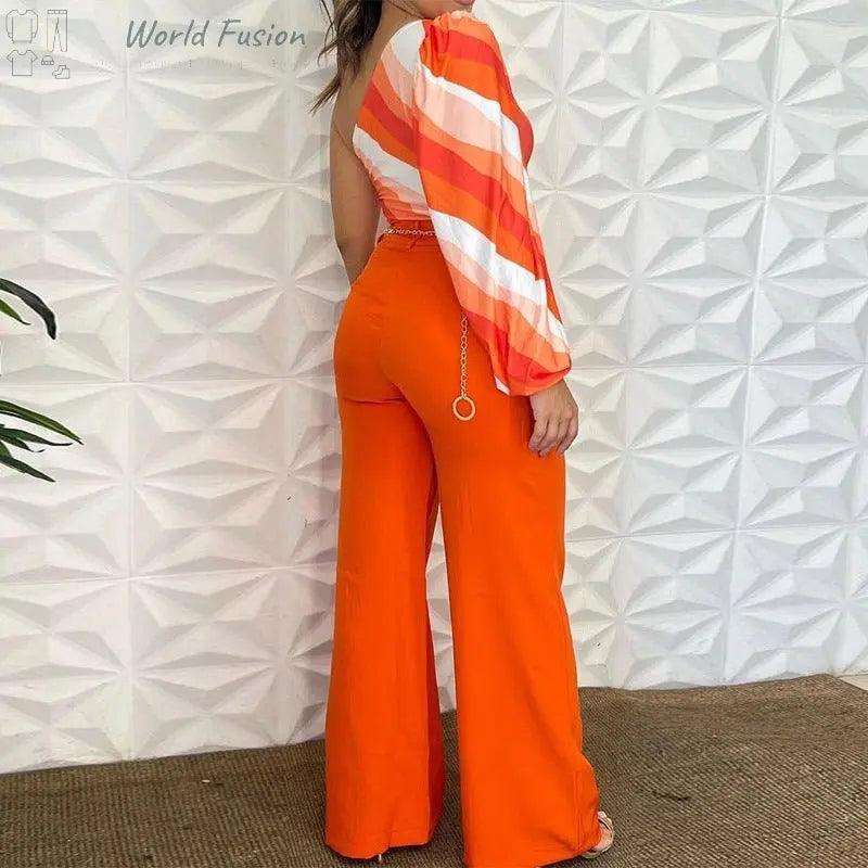 Fashion Shoulder Long Sleeve Top Solid Color Loose Two-piece Pants - World Fusion