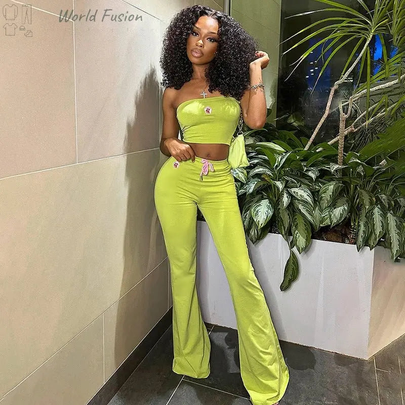 Fashion Summer Suit Embroidery Tube Top And High Waist Drawstring Bell-bottomed Pants Two-piece Set Womens Clothing - World Fusion
