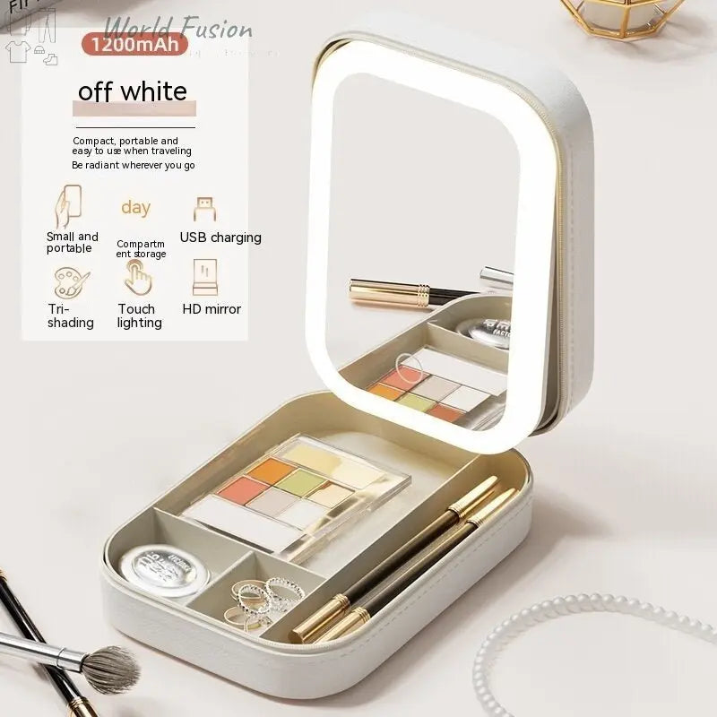 Makeup Storage Box With LED Light Mirror Portable Travel Makeup Cosmetics Storage Box Touch Light Storage Organizer - World Fusion