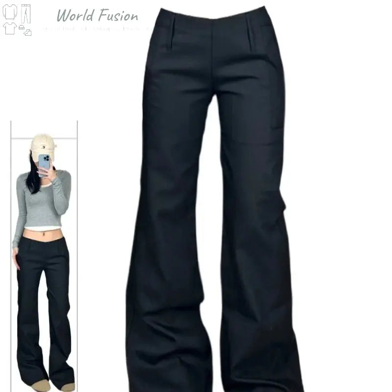 New Black Low Waist Slightly Flared Suit Pants Women's Slim Fit Drape - World Fusion