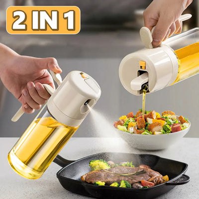 2-in-1 Olive Oil Sprayer Bottle with automatic opening and closing for easy, mess-free oil pouring and spraying.