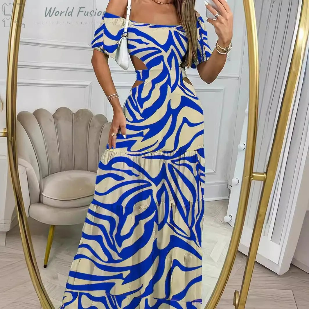 Printed One-line Collar Short-sleeved Long Dress With Hollow Waist Design Summer Vacation Dresses For Women Clothing - World Fusion