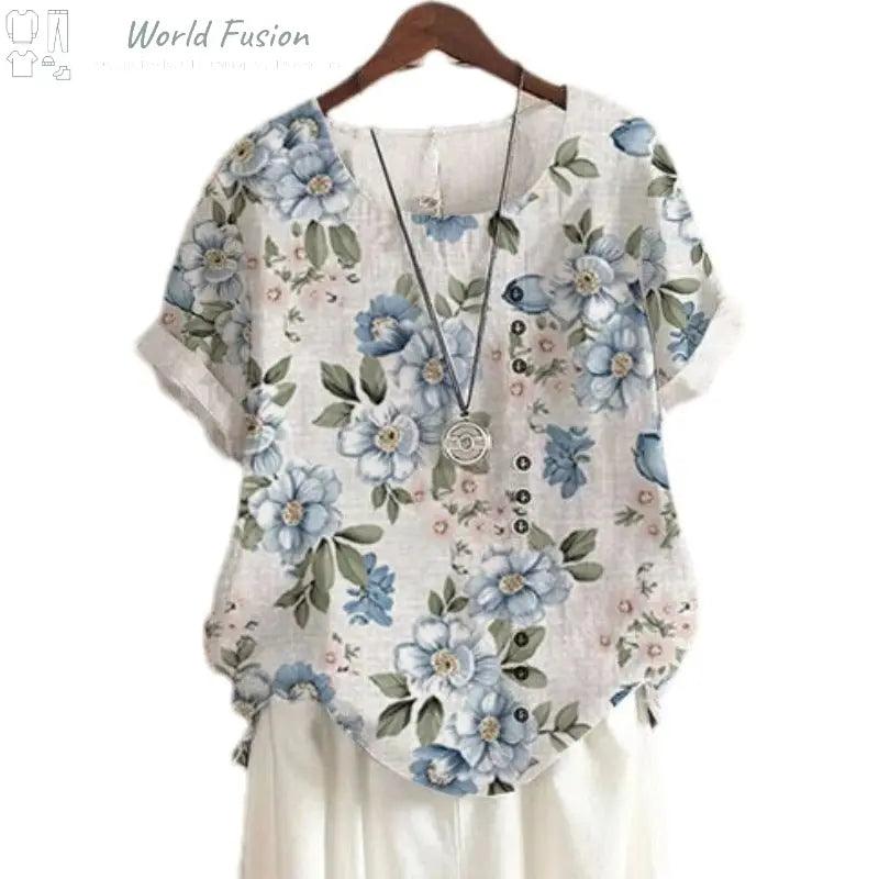 Retro Cotton And Linen Printed Loose Casual Shirt Short-sleeved T-shirt For Women - World Fusion