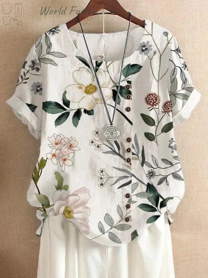 Retro Cotton And Linen Printed Loose Casual Shirt Short-sleeved T-shirt For Women - World Fusion