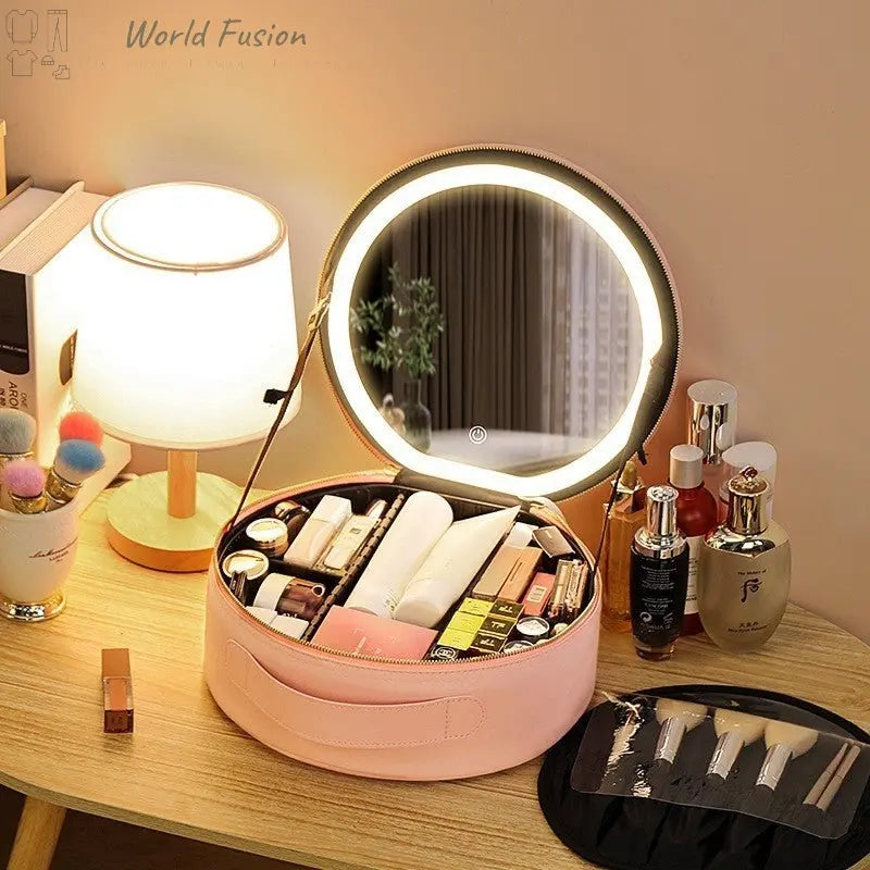 Round Smart LED Makeup Bag With Mirror Lights Women Beauty Bag Large Capacity PU Leather Travel Organizers Cosmetic Case - World Fusion
