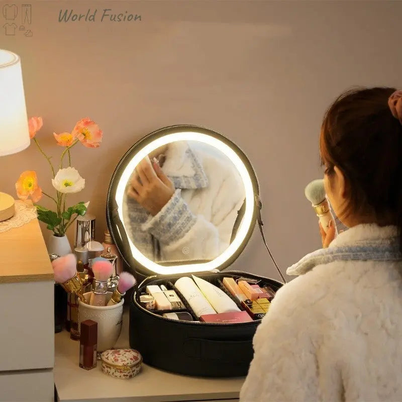 Round Smart LED Makeup Bag With Mirror Lights Women Beauty Bag Large Capacity PU Leather Travel Organizers Cosmetic Case - World Fusion