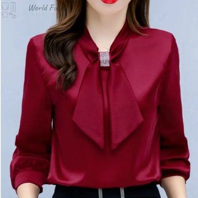 Satin V-Neck Business Temperament Shirt Long Sleeve Bow Solid Color Bow Diamond Top - World Fusion