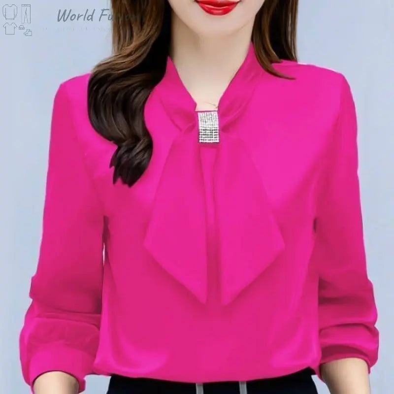 Satin V-Neck Business Temperament Shirt Long Sleeve Bow Solid Color Bow Diamond Top - World Fusion