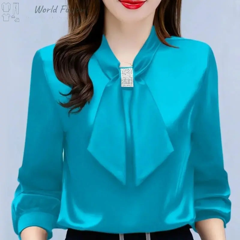 Satin V-Neck Business Temperament Shirt Long Sleeve Bow Solid Color Bow Diamond Top - World Fusion