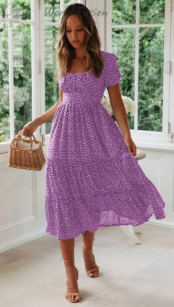 Square Collar Short Sleeve Dress Summer Puff Floral Printed Dress Long Dresses - World Fusion