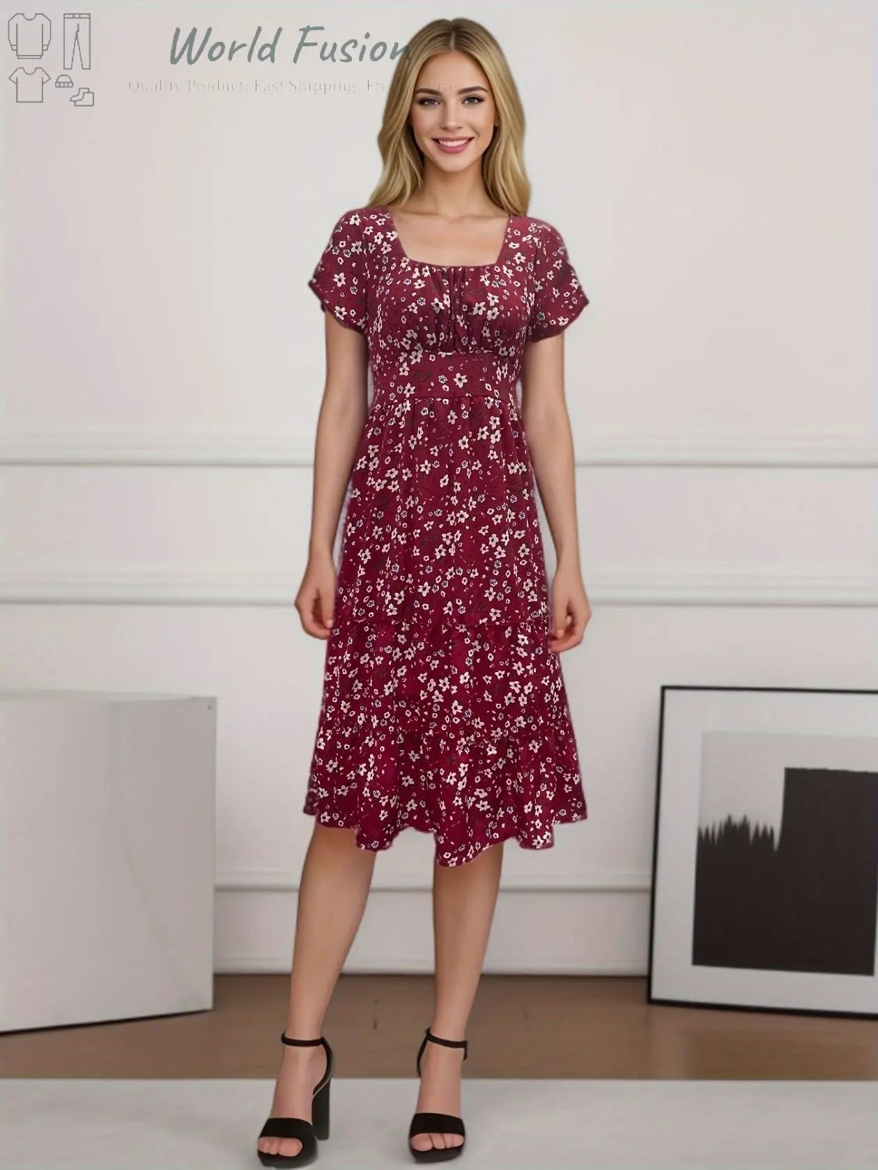 Square Collar Short Sleeve Dress Summer Puff Floral Printed Dress Long Dresses - World Fusion