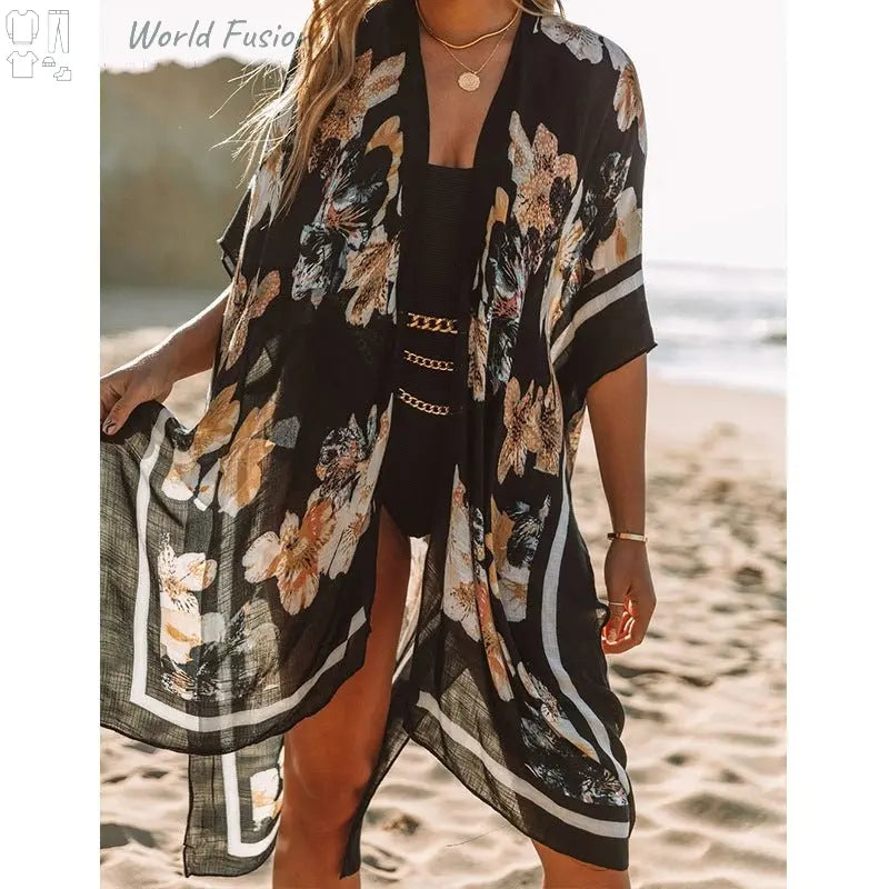 Summer Mid-length Slit Print Loose Beach Cover Sun Protection Shirt - World Fusion