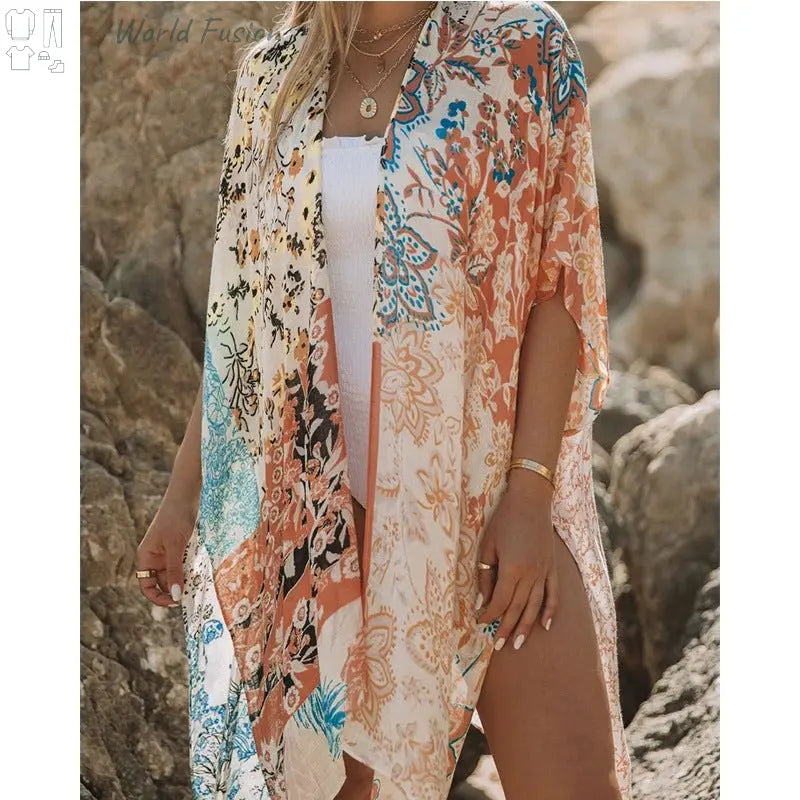 Summer Mid-length Slit Print Loose Beach Cover Sun Protection Shirt - World Fusion