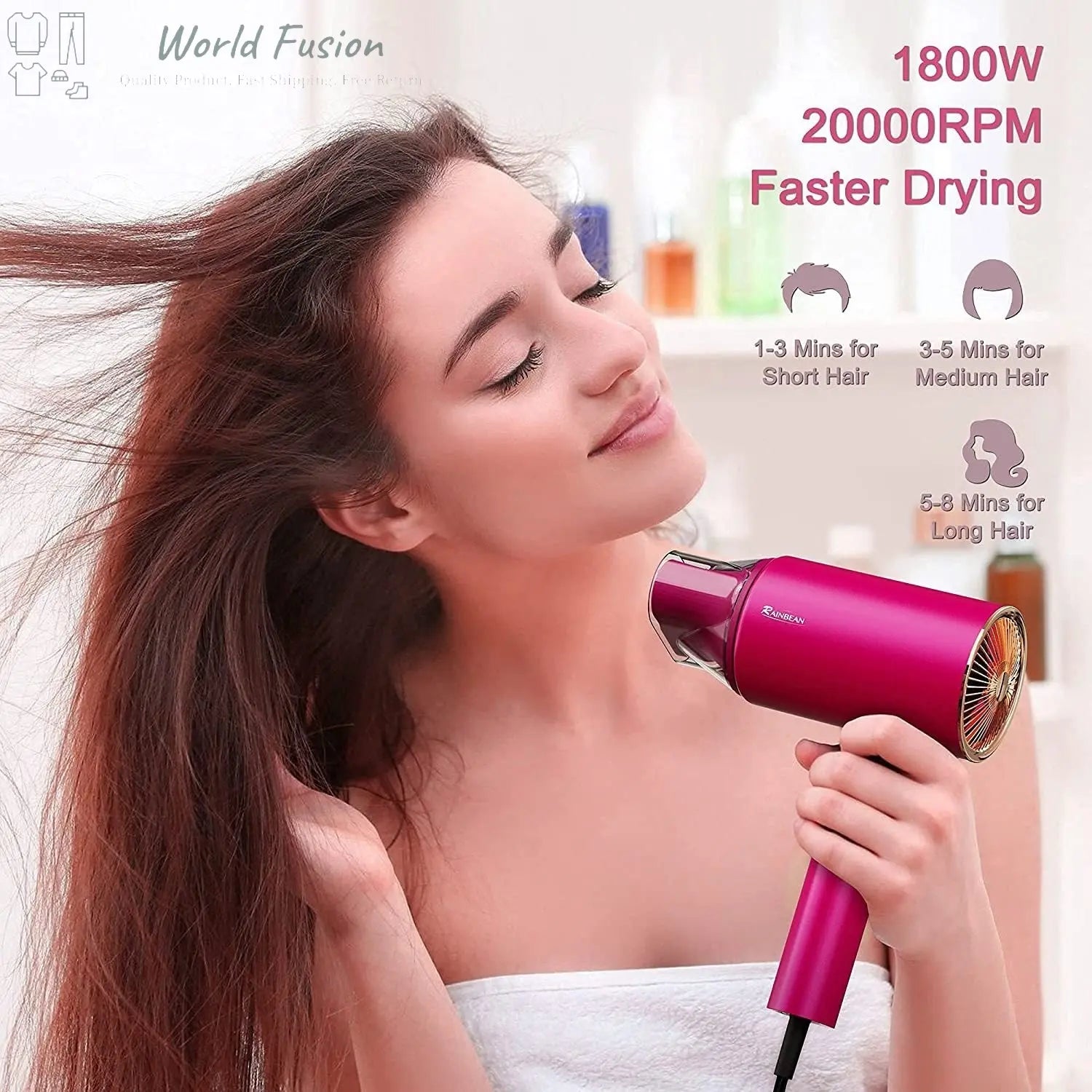 Water Ionic Hair Dryer, 1800W Blow Dryer With Magnetic Nozzle 2 Speed And 3 Heat Settings Powerful Low Noise Fast Drying Travel Hair Dryer For Home Travel - World Fusion