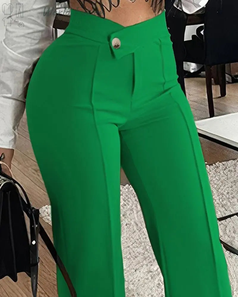 Women's Cross-border Slim-fit Green Leisure Commute Wide-leg Trousers - World Fusion