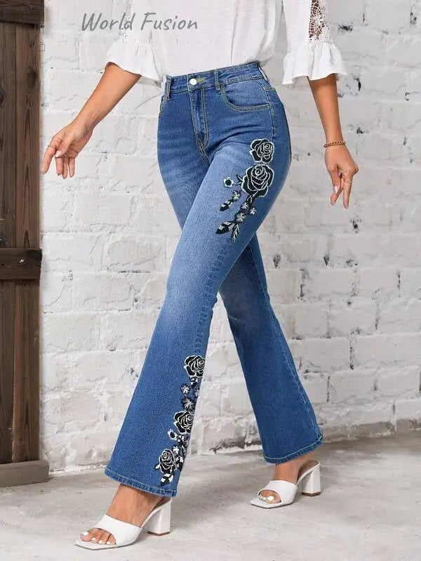 Women's Fashionable Stretch Floral Embroidered Flared Jeans - World Fusion