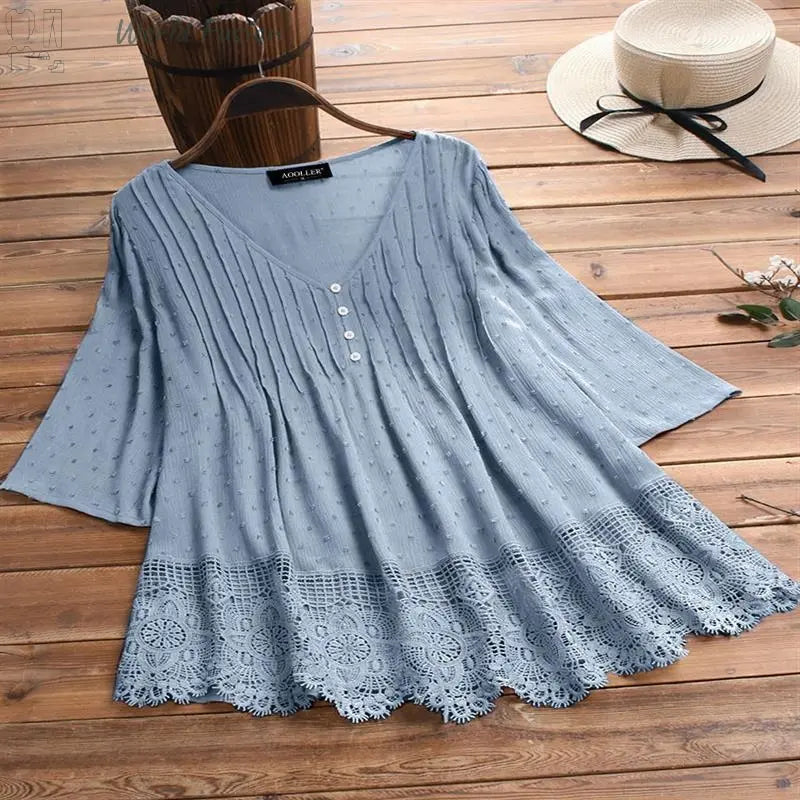 Women's Jacquard Pleated Lace Hollow Out V-neck Shirt - World Fusion