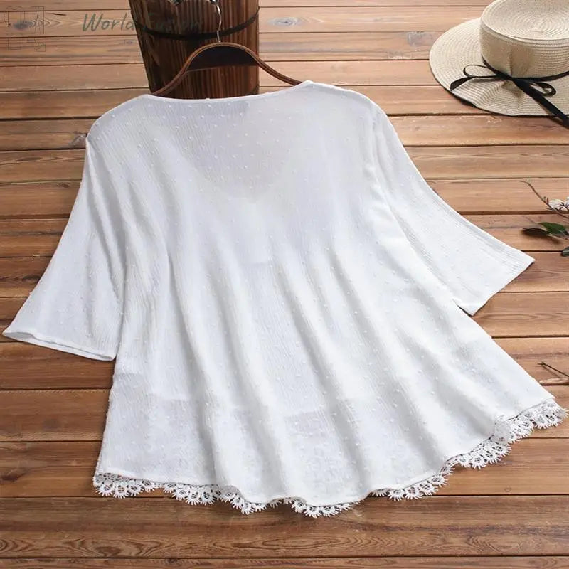 Women's Jacquard Pleated Lace Hollow Out V-neck Shirt - World Fusion